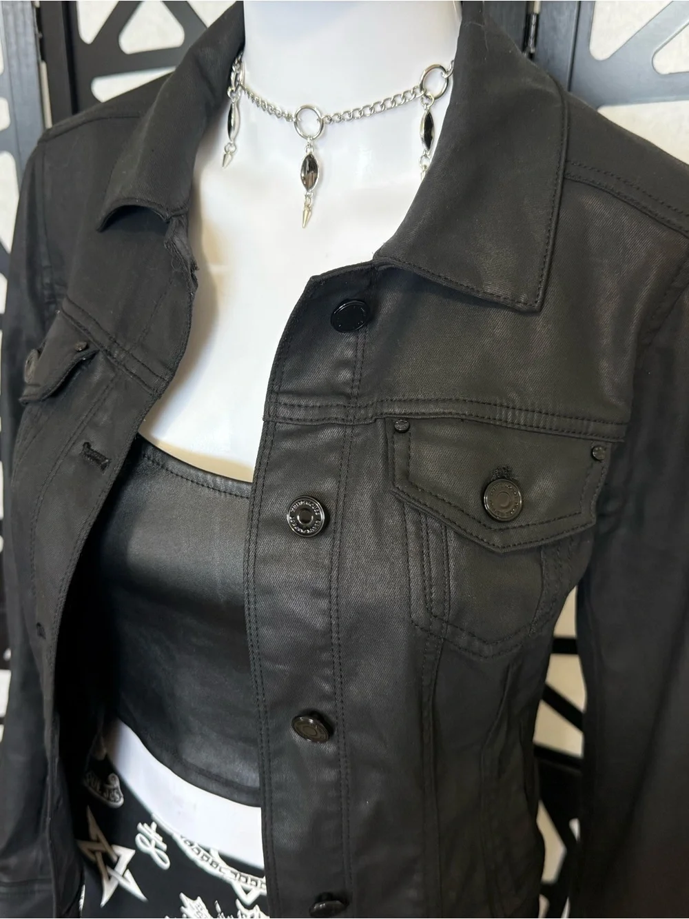 White House Black Market - Black Waxed Denim Jacket - Petite size 2